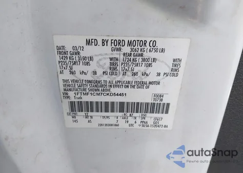 2012 Ford F-150 Xl from USA, damaged, VIN 1FTMF1CM7CKD54451
